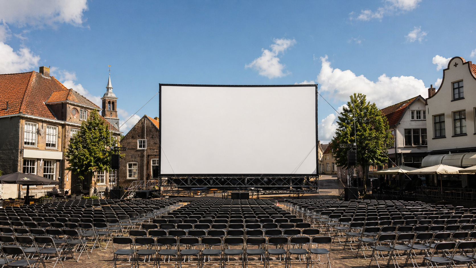 Openluchtscreening op een historisch plein bij avondlicht met vol publiek
